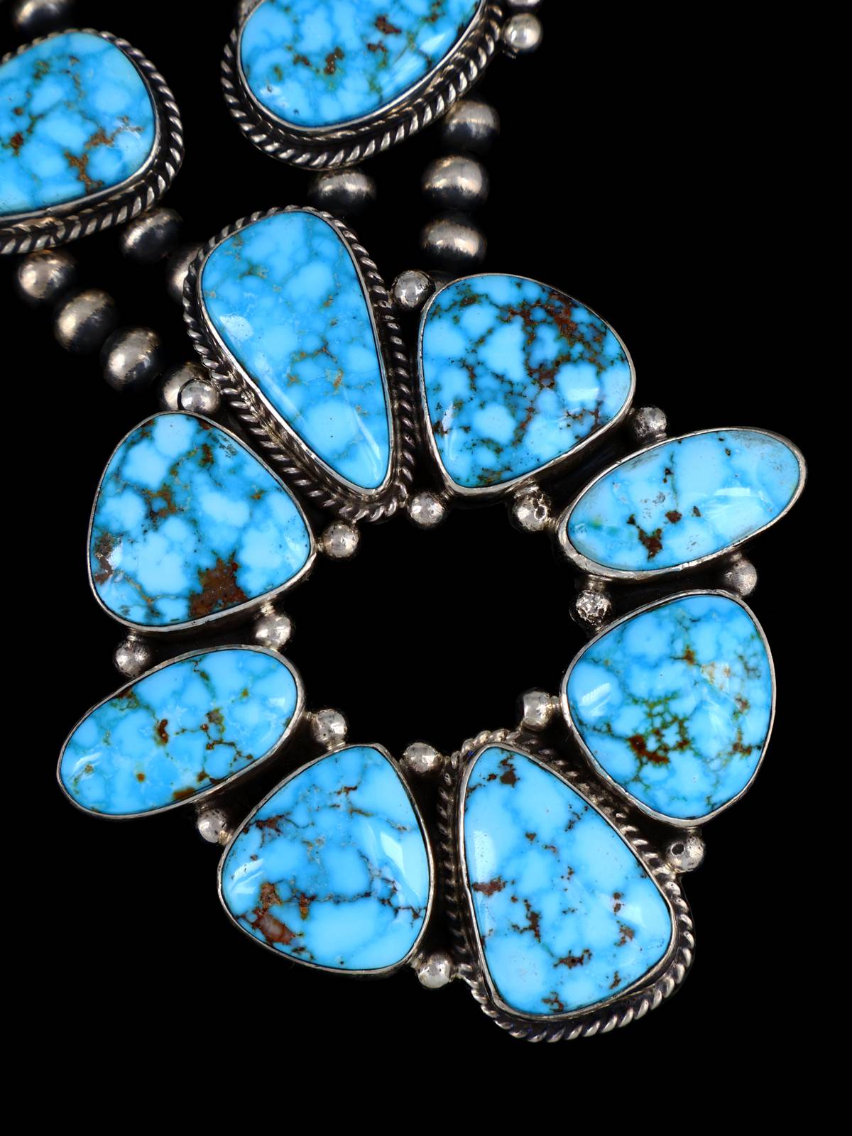 Native American Jewelry Kingman Turquoise Squash Blossom Necklace Set - PuebloDirect.com