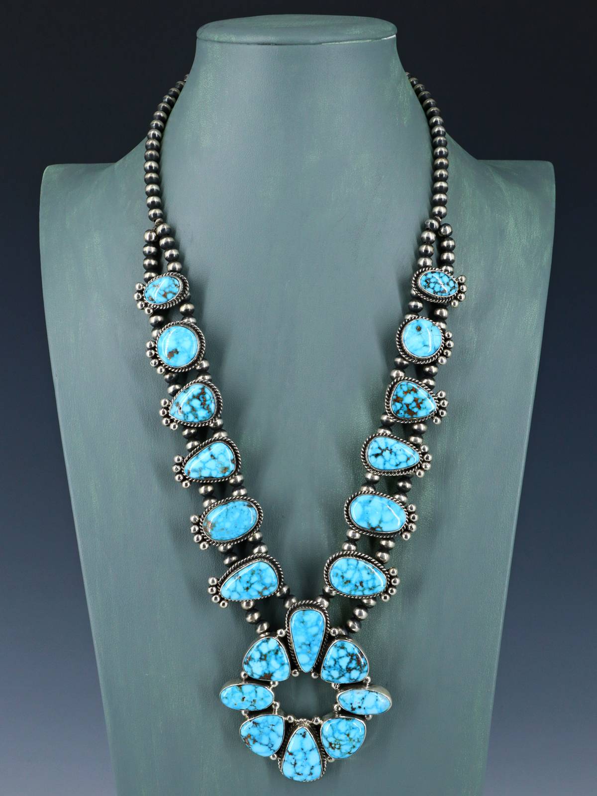 Native American Jewelry Kingman Turquoise Squash Blossom Necklace Set - PuebloDirect.com