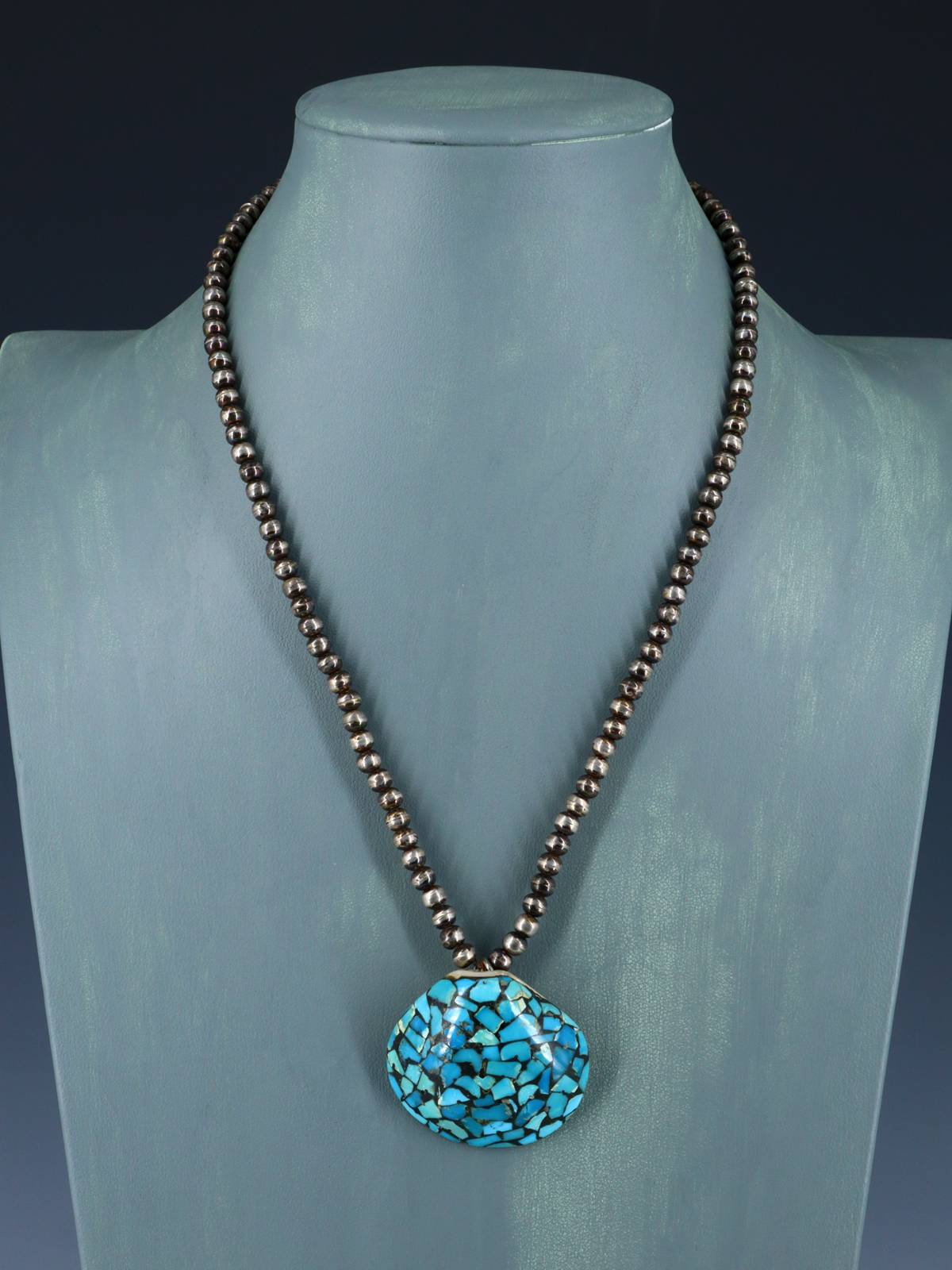 Vintage Native American Sterling Silver Turquoise Inlaid Shell Necklace