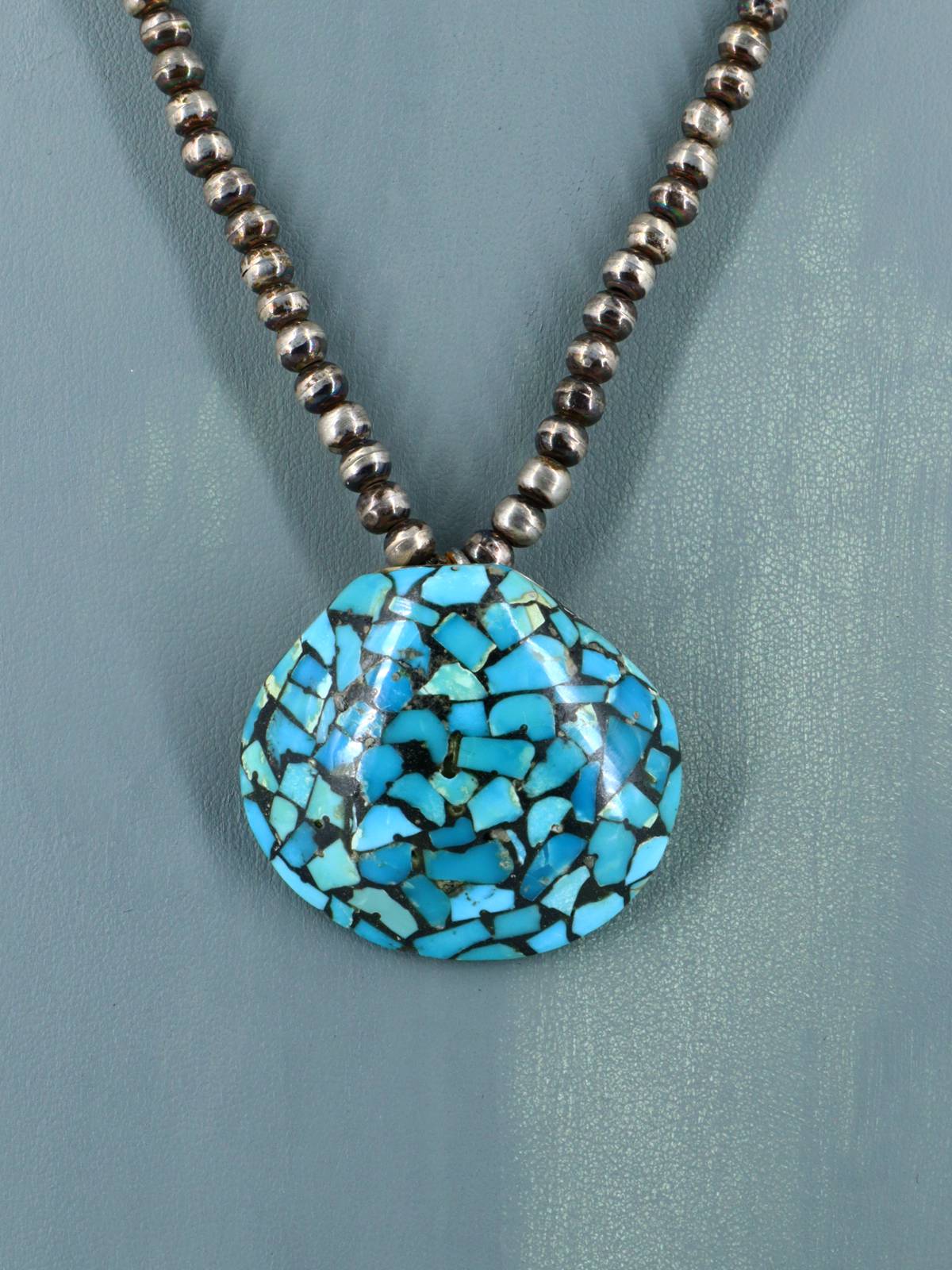 Vintage Native American Sterling Silver Turquoise Inlaid Shell Necklace