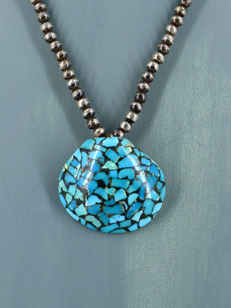 Vintage Native American Sterling Silver Turquoise Inlaid Shell Necklace