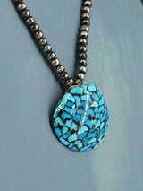 Vintage Native American Sterling Silver Turquoise Inlaid Shell Necklace