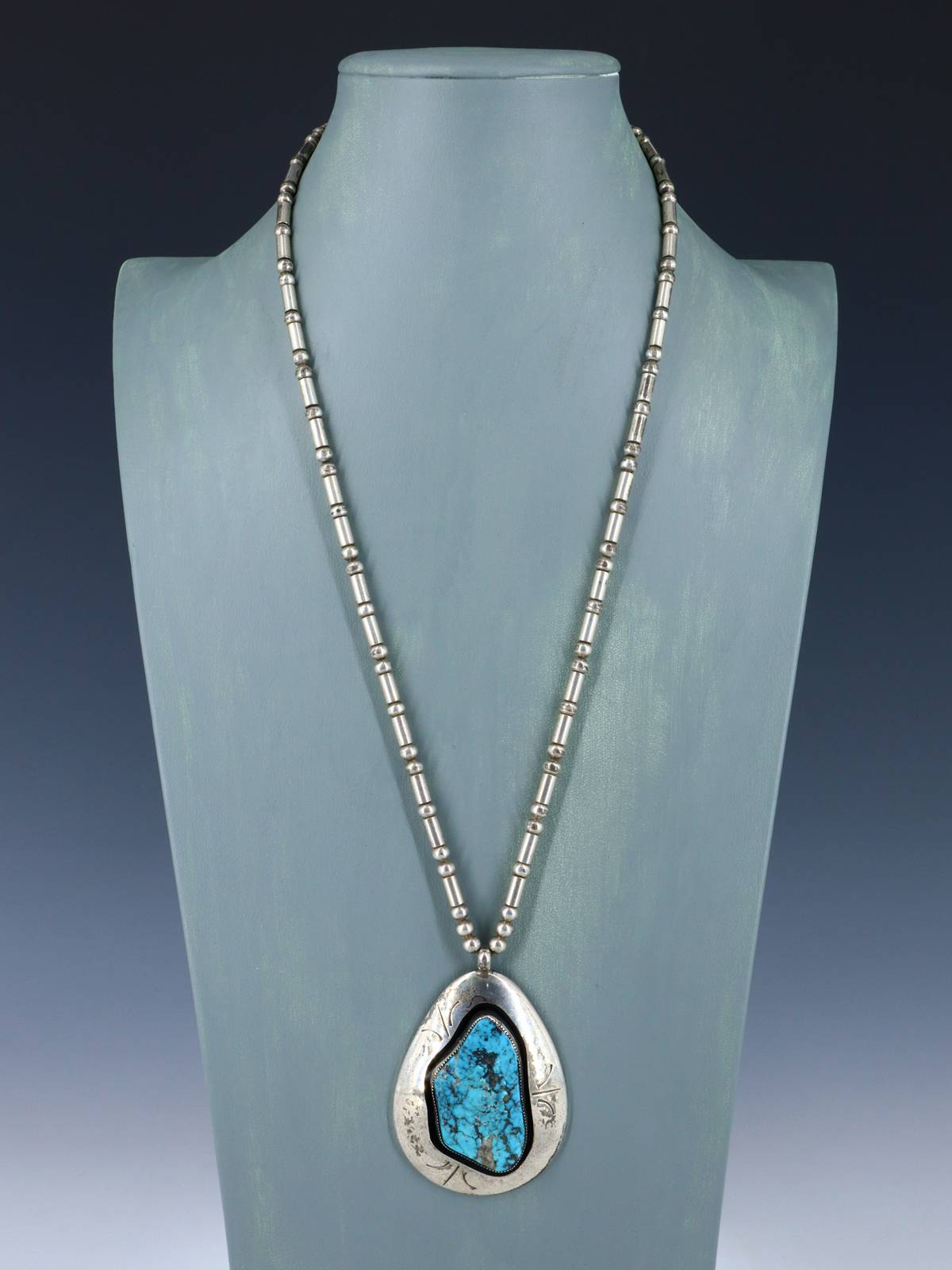 Estate Native American Jewelry Sterling Silver Turquoise Shadowbox Necklace