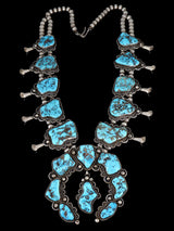 Vintage Native American Turquoise Sterling Silver Squash Blossom Necklace - PuebloDirect.com