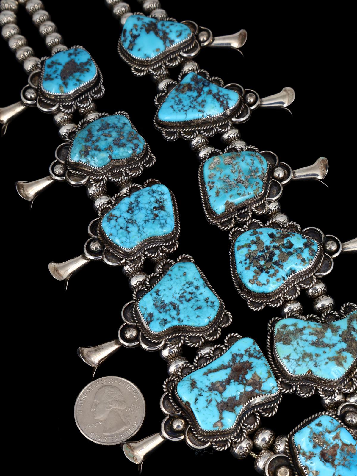 Vintage Native American Turquoise Sterling Silver Squash Blossom Necklace - PuebloDirect.com