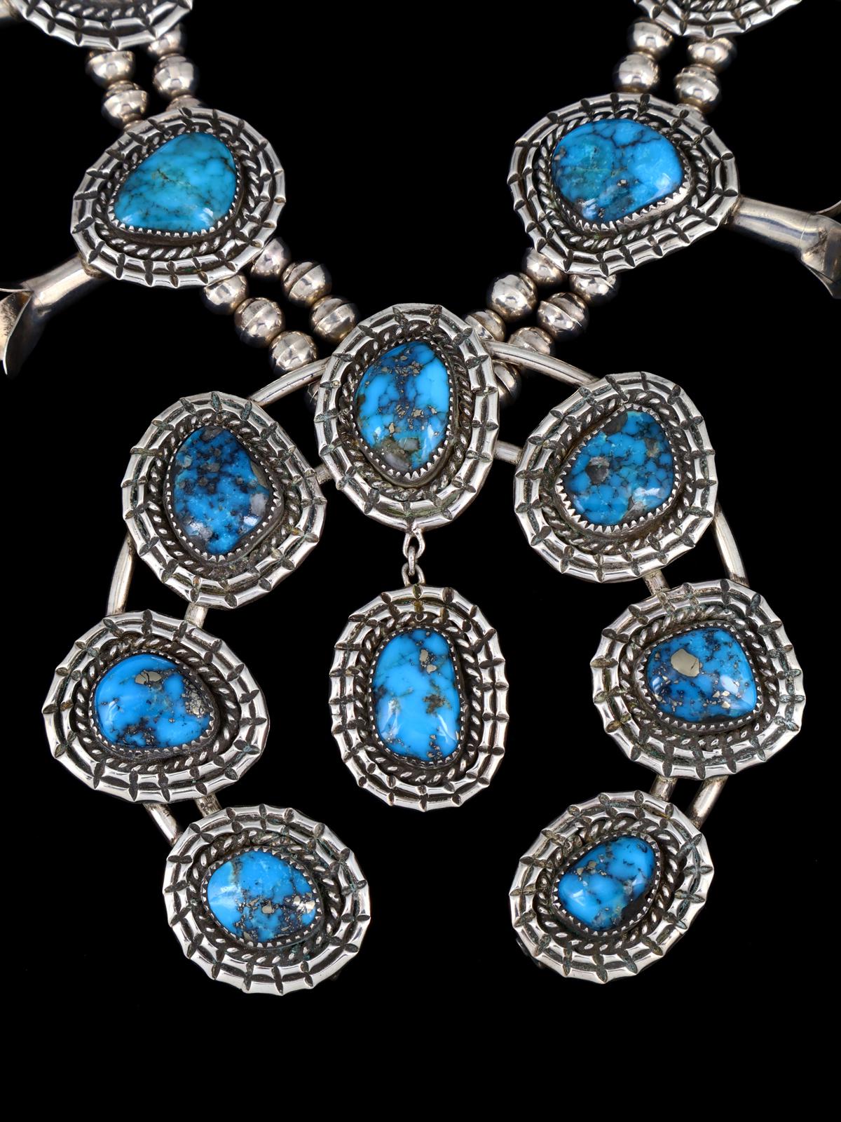 Vintage Native American Ithaca Peak Turquoise Sterling Silver Squash Blossom Necklace