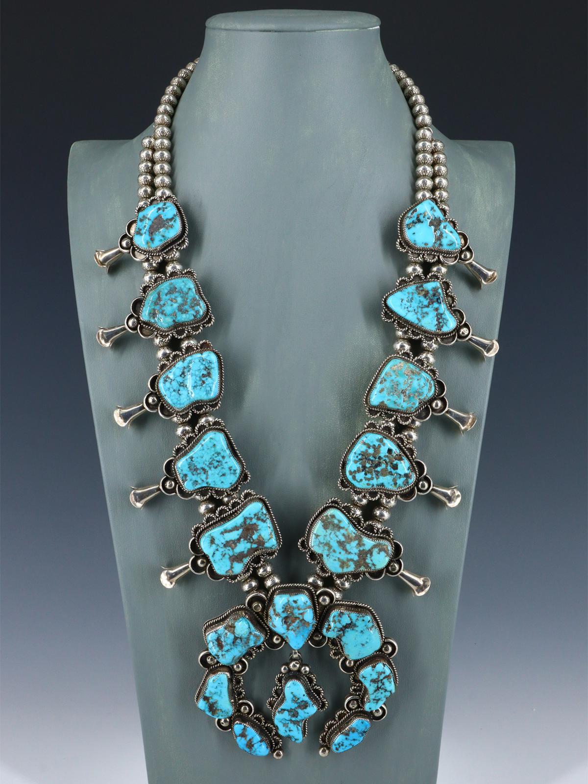 Vintage Native American Turquoise Sterling Silver Squash Blossom Necklace - PuebloDirect.com