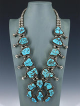 Vintage Native American Turquoise Sterling Silver Squash Blossom Necklace - PuebloDirect.com