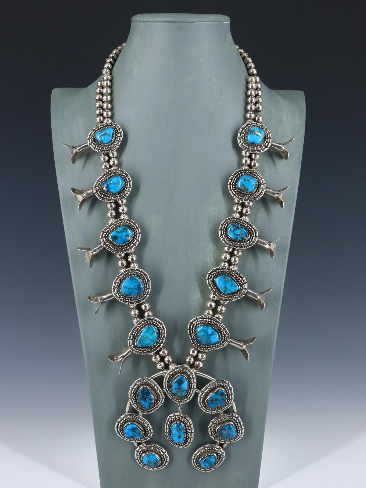 Vintage Native American Ithaca Peak Turquoise Sterling Silver Squash Blossom Necklace