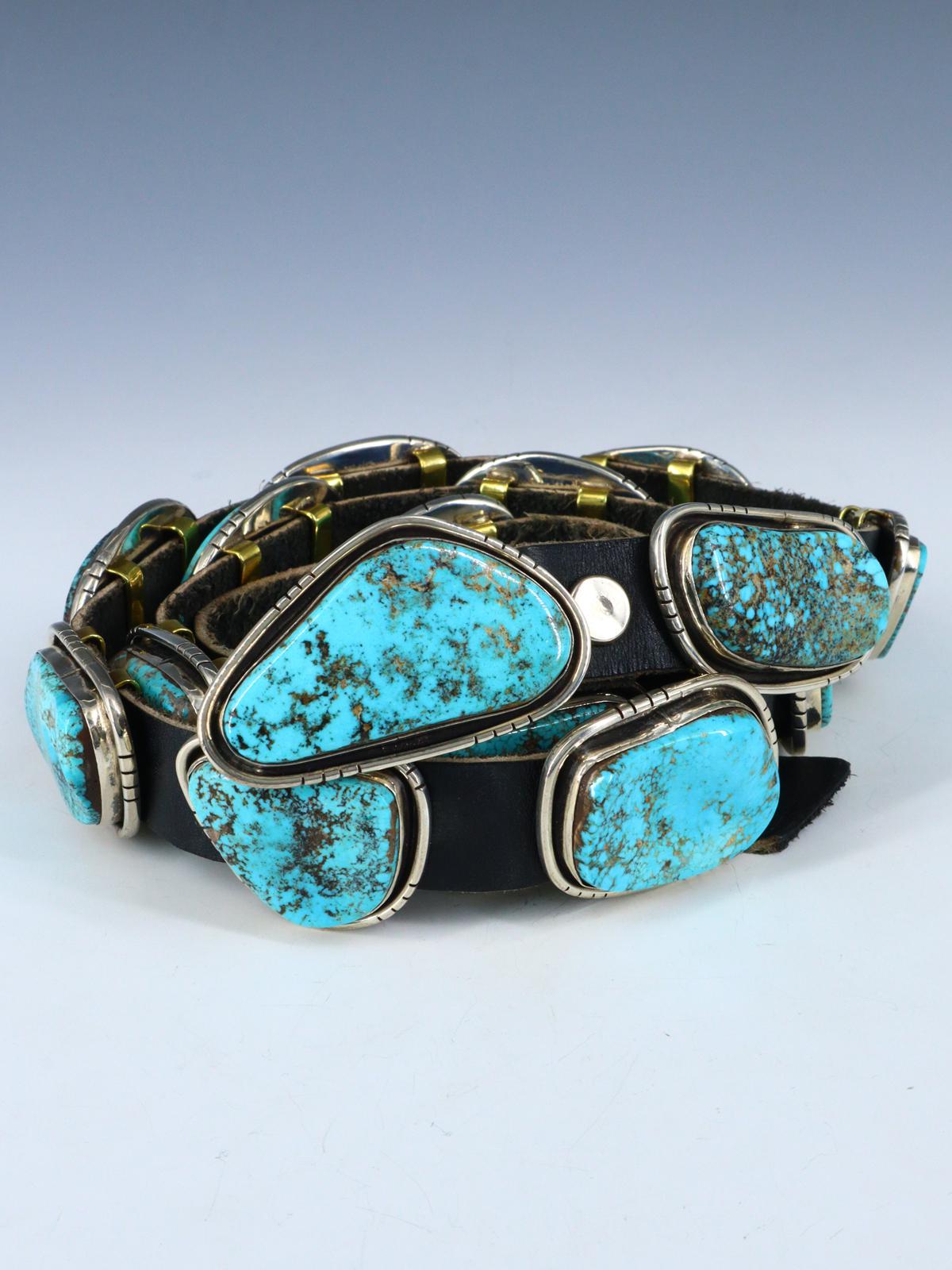 Estate Vintage Native American Sterling Silver Turquoise Concho Belt - PuebloDirect.com