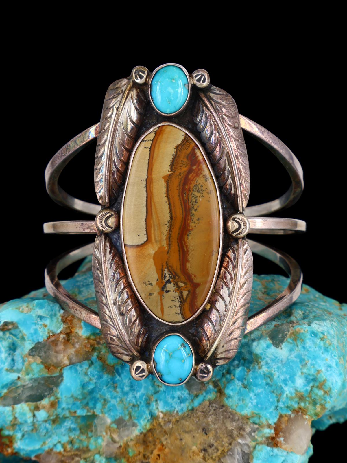 Estate Native American Sterling Silver Owyhee Jasper and Turquoise Cuff Bracelet - PuebloDirect.com