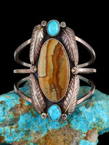 Estate Native American Sterling Silver Owyhee Jasper and Turquoise Cuff Bracelet - PuebloDirect.com