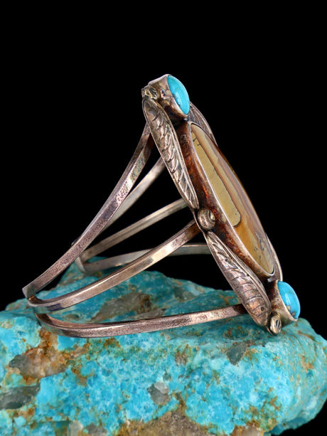 Estate Native American Sterling Silver Owyhee Jasper and Turquoise Cuff Bracelet - PuebloDirect.com