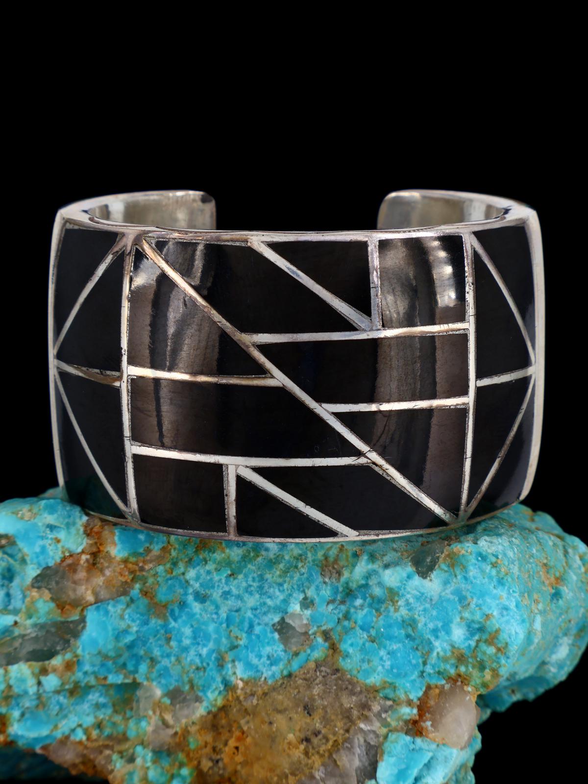 Vintage Old Native American Sterling Silver Black Jet Inlay Cuff Bracelet - PuebloDirect.com