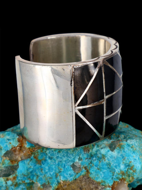 Vintage Old Native American Sterling Silver Black Jet Inlay Cuff Bracelet - PuebloDirect.com