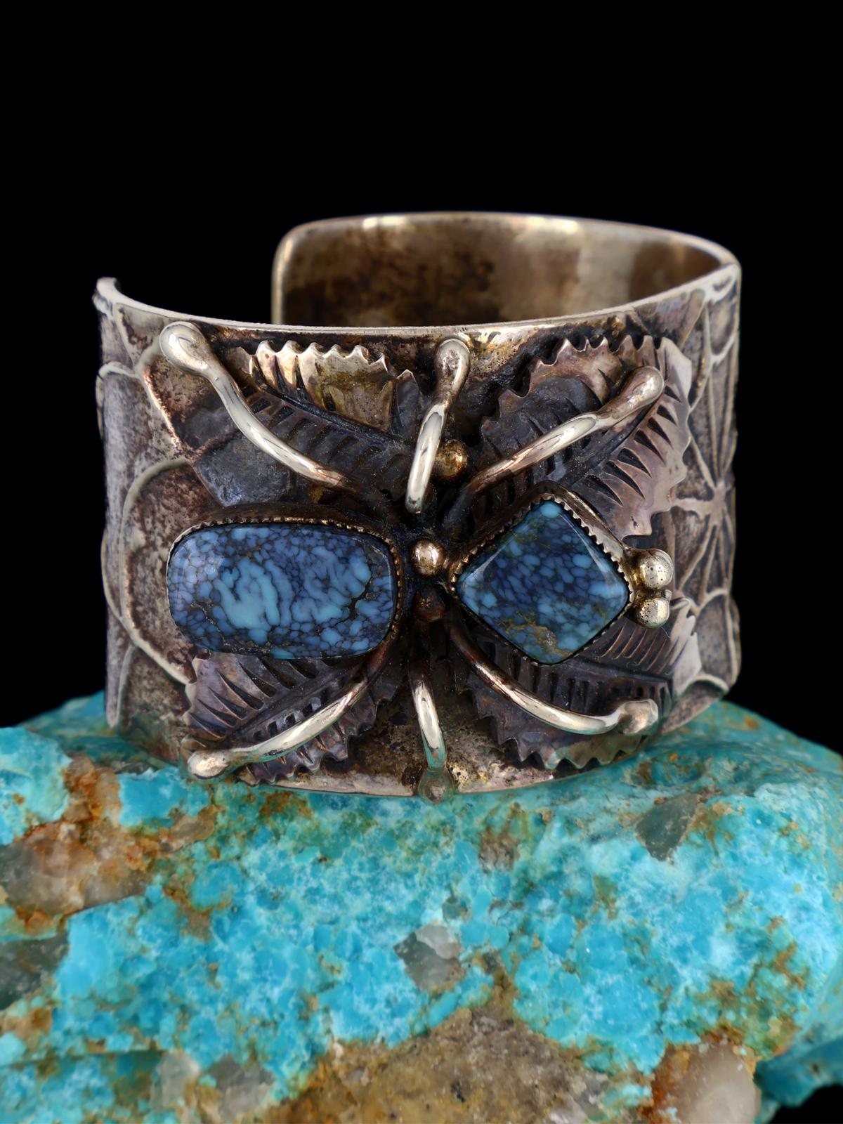 Vintage Old Navajo Sterling Silver Turquoise Cuff Bracelet - PuebloDirect.com