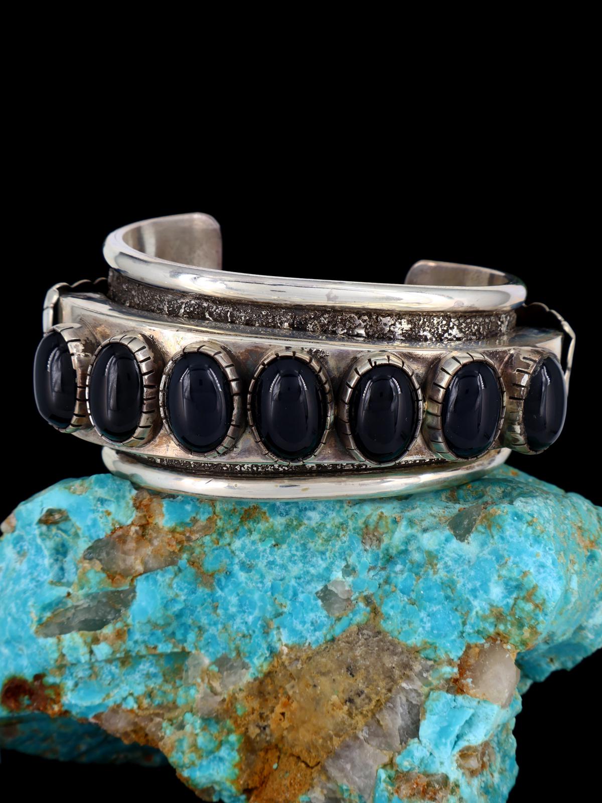 Estate Vintage Heavy Native American Sterling Silver Onyx Bracelet - PuebloDirect.com