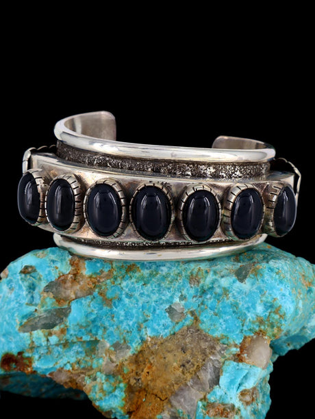 Estate Vintage Heavy Native American Sterling Silver Onyx Bracelet - PuebloDirect.com