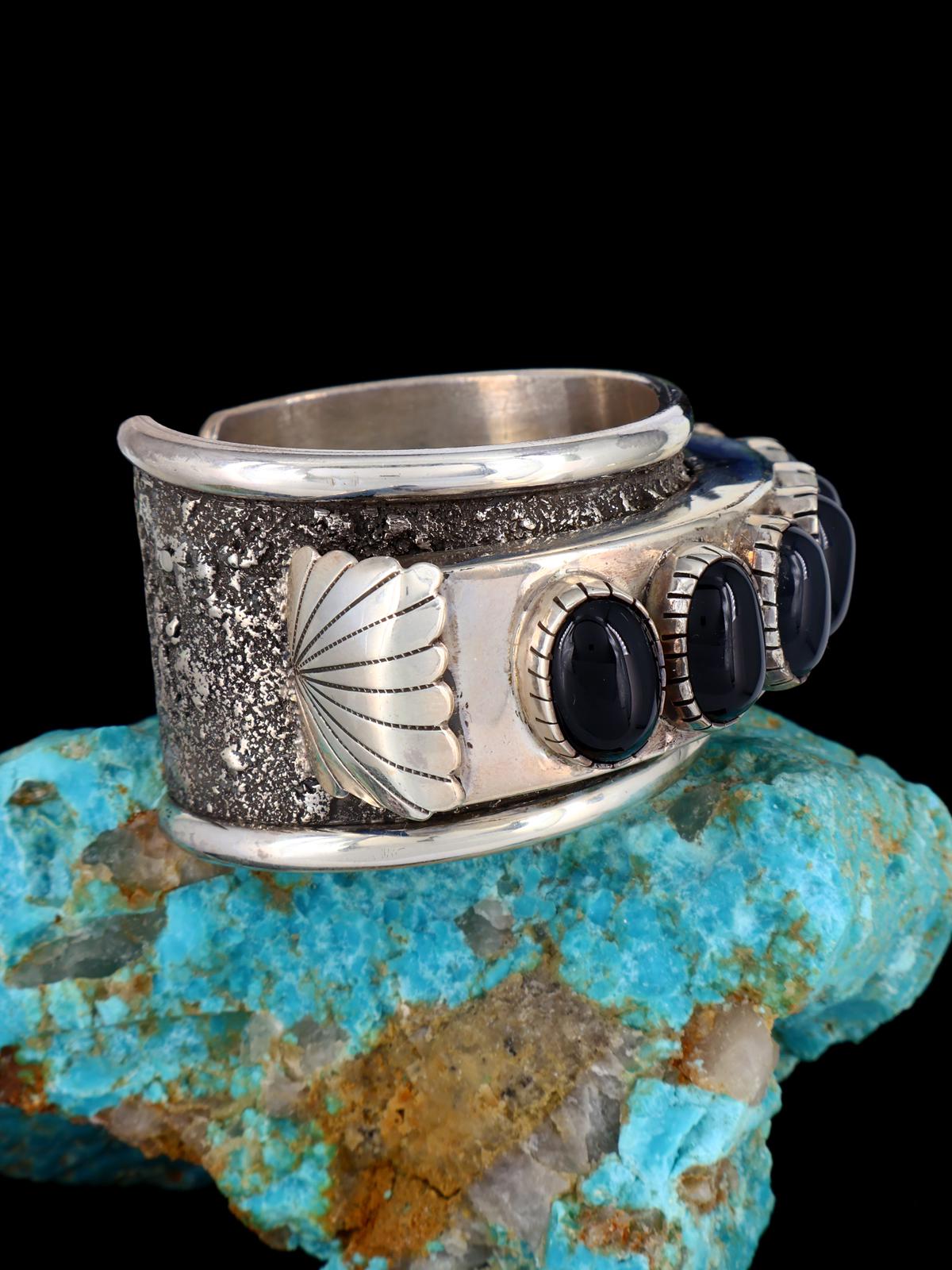 Estate Vintage Heavy Native American Sterling Silver Onyx Bracelet - PuebloDirect.com