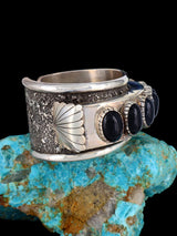 Estate Vintage Heavy Native American Sterling Silver Onyx Bracelet - PuebloDirect.com