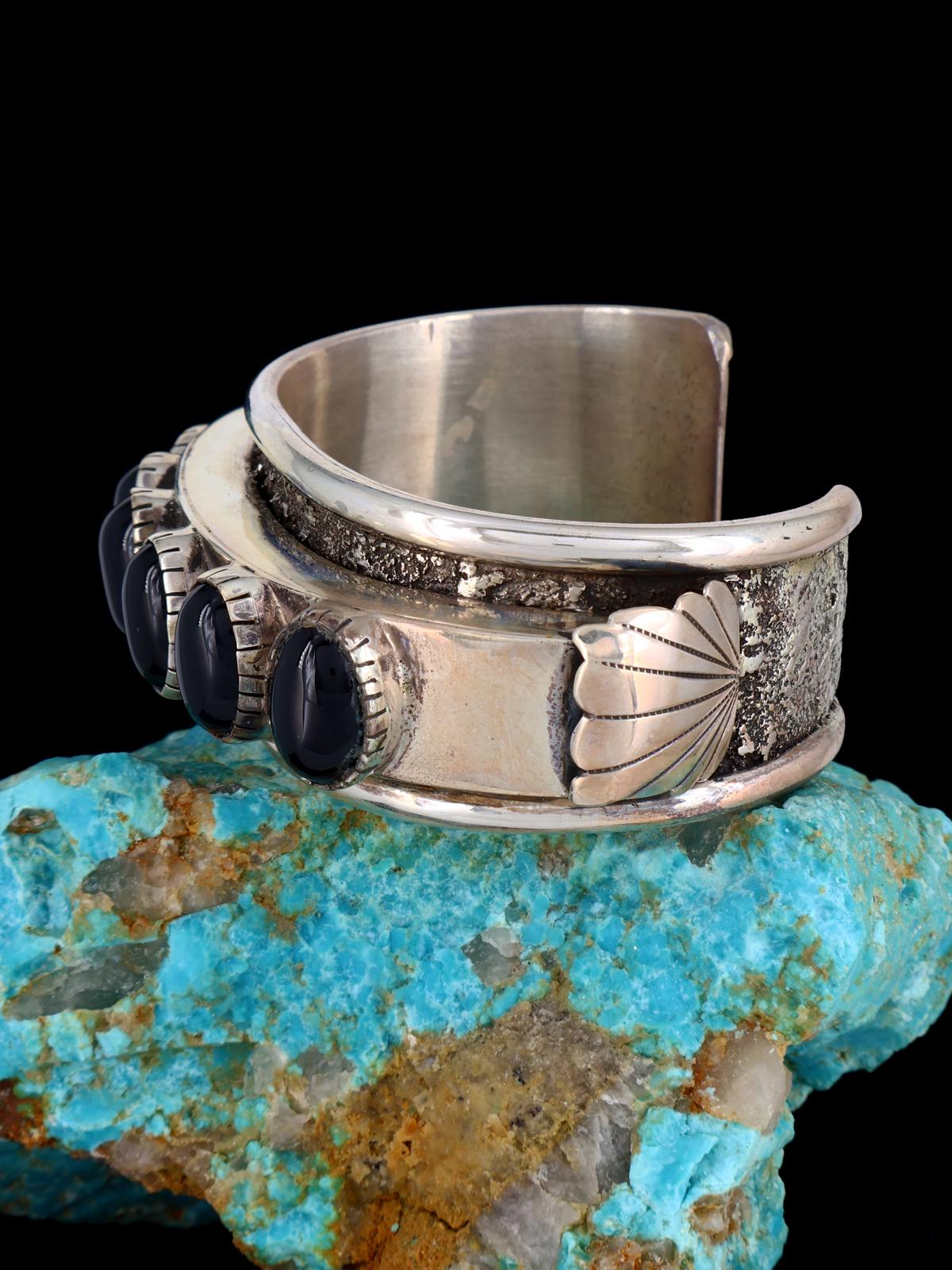 Estate Vintage Heavy Native American Sterling Silver Onyx Bracelet - PuebloDirect.com