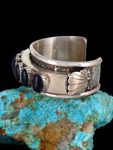 Estate Vintage Heavy Native American Sterling Silver Onyx Bracelet - PuebloDirect.com
