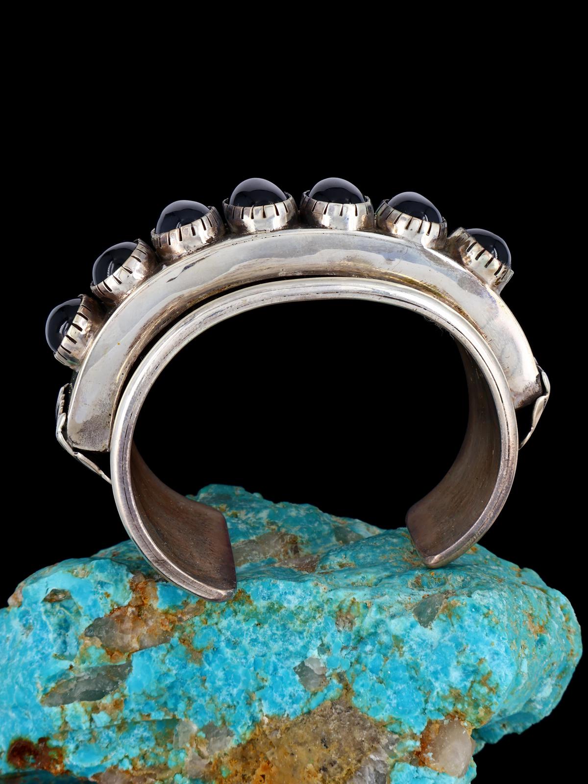 Estate Vintage Heavy Native American Sterling Silver Onyx Bracelet - PuebloDirect.com