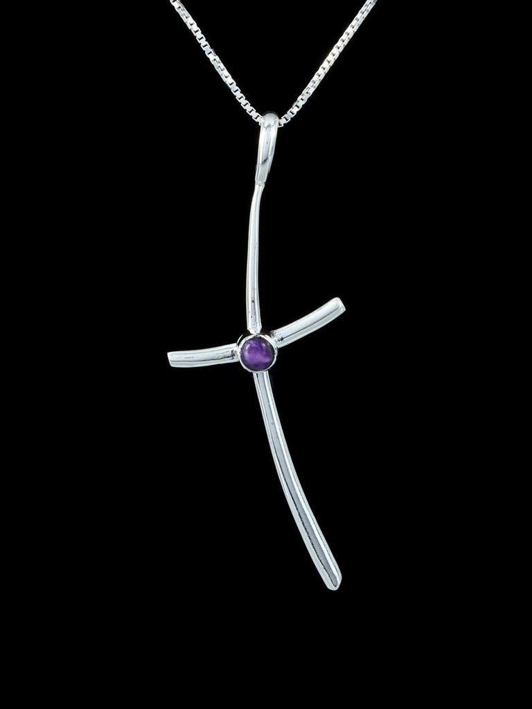 Native American Jewelry Sterling Silver Charoite Cross Pendant - PuebloDirect.com