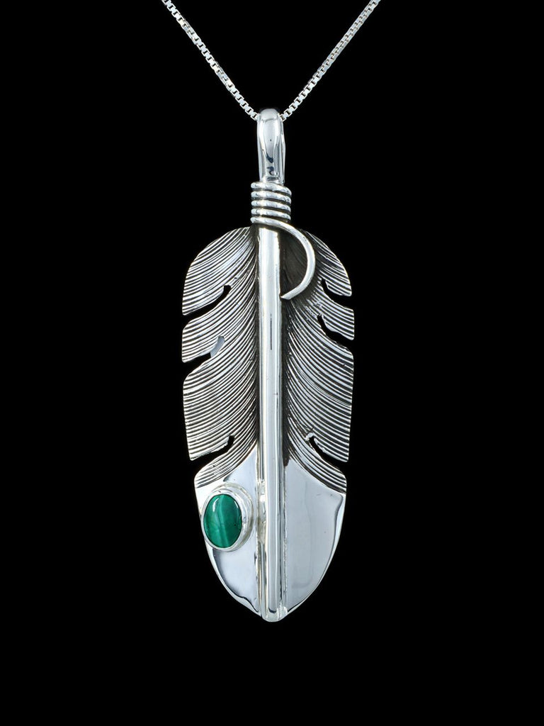 Navajo Sterling Silver Malachite Feather Pendant - PuebloDirect.com
