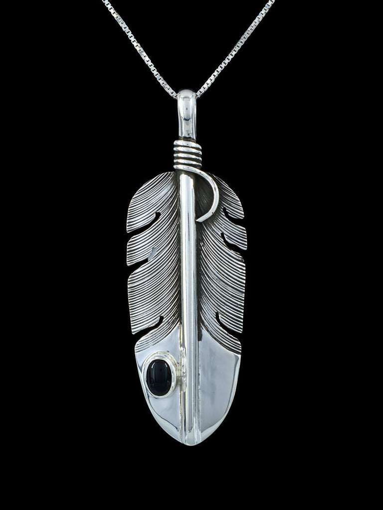 Navajo Sterling Silver Onyx Feather Pendant - PuebloDirect.com