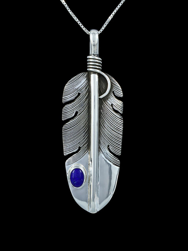 Navajo Sterling Silver Lapis Feather Pendant - PuebloDirect.com