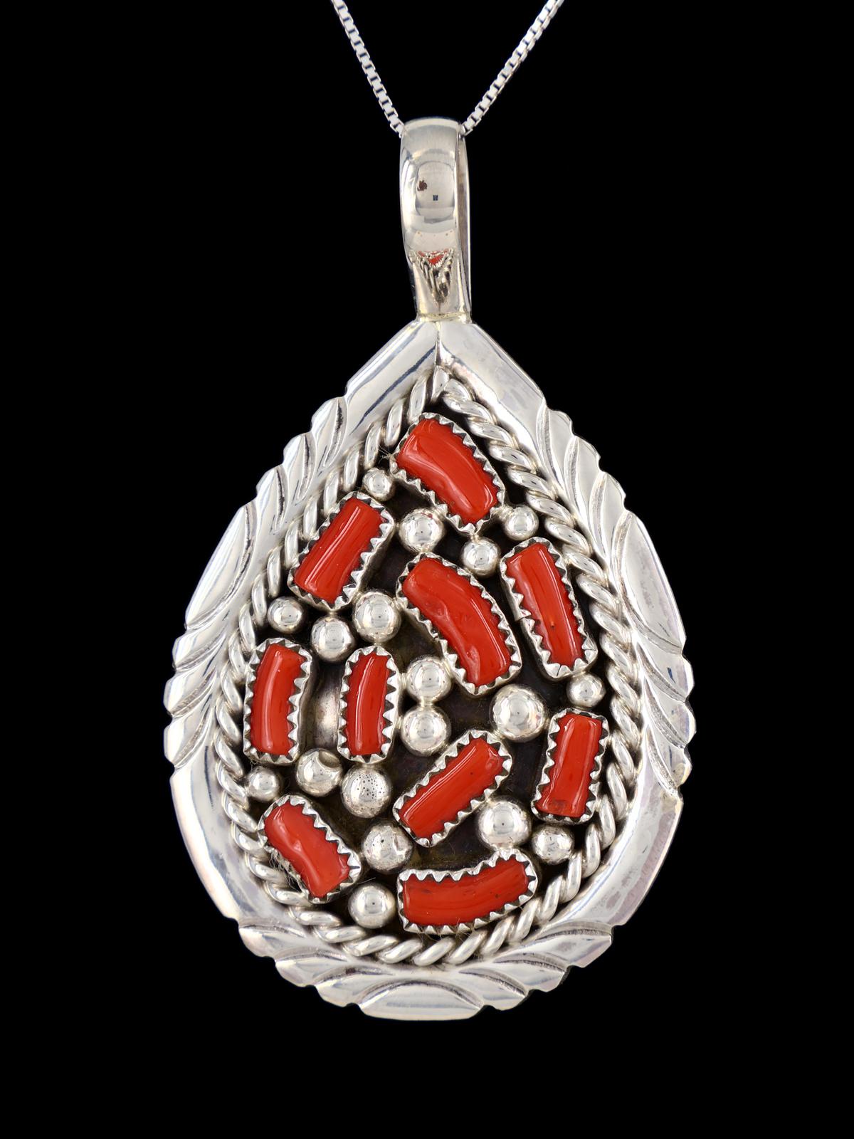 Navajo Sterling Silver Coral Pendant - PuebloDirect.com