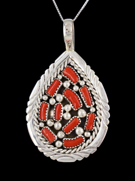 Navajo Sterling Silver Coral Pendant - PuebloDirect.com