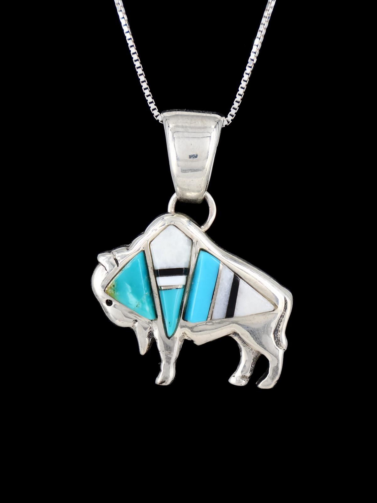 Navajo Sterling Silver Turquoise Inlay Buffalo Pendant - PuebloDirect.com