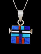 Navajo Reversible Sterling Silver Multistone Inlay Yei Pendant - PuebloDirect.com