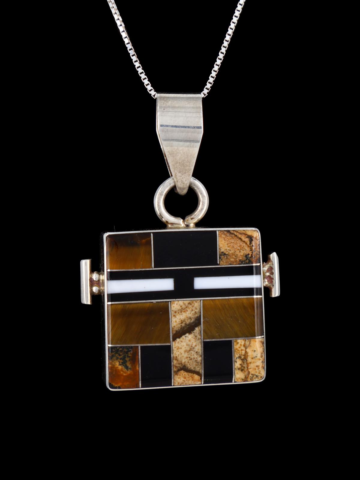 Navajo Reversible Sterling Silver Multistone Inlay Yei Pendant - PuebloDirect.com