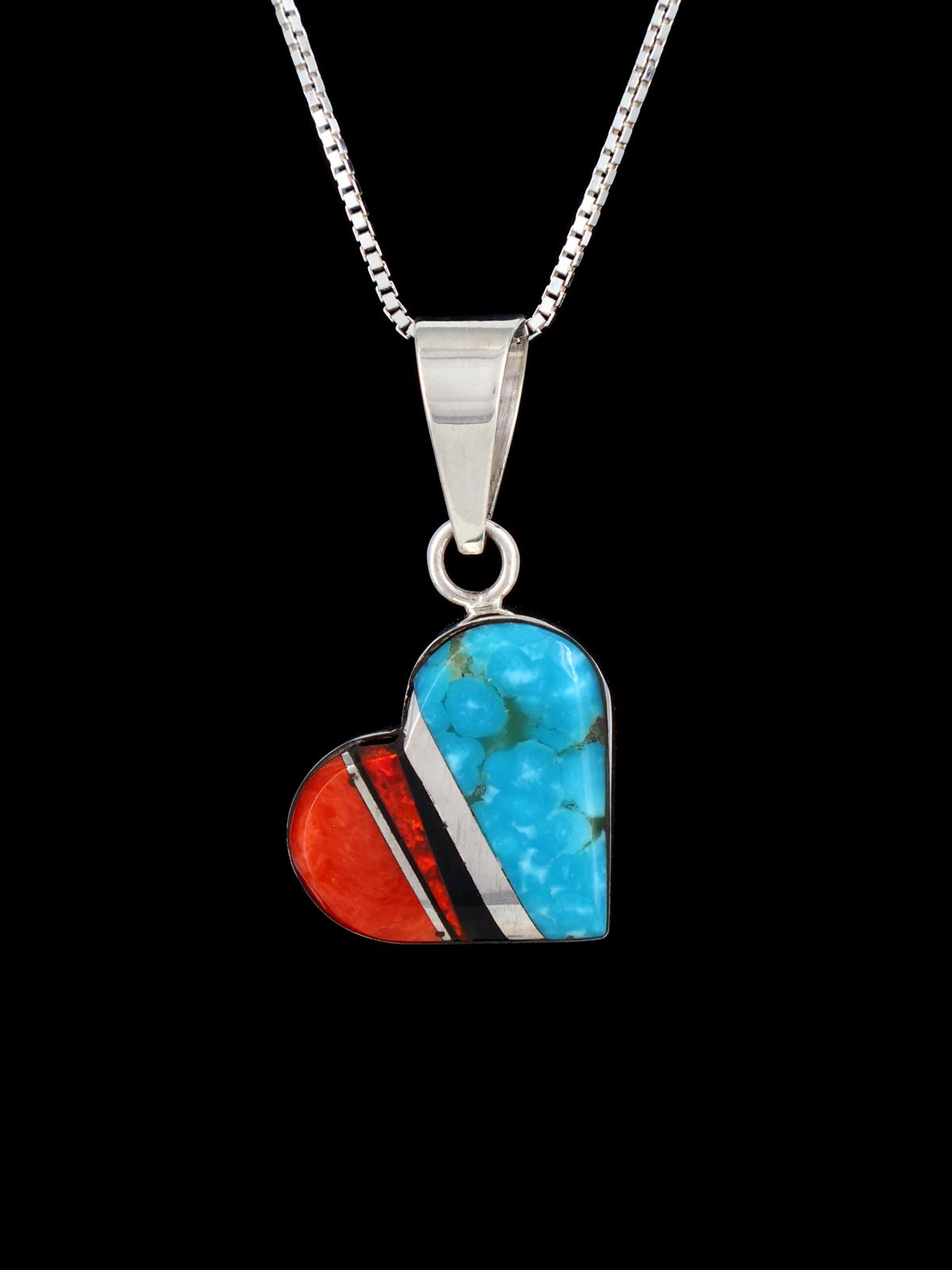 Navajo Sterling Silver Turquoise and Spiny Oyster Heart Inlay Pendant - PuebloDirect.com