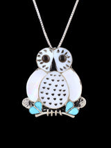 Zuni Inlay Mother of Pearl Owl Pin/Pendant - PuebloDirect.com