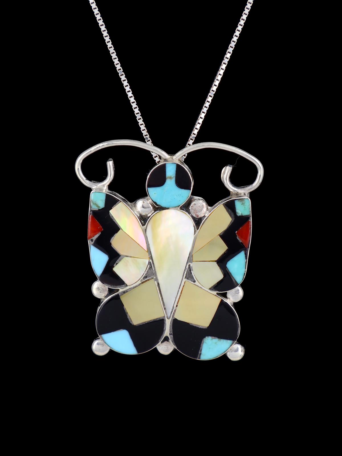 Sterling Silver Native American Zuni Inlay Butterfly Pendant