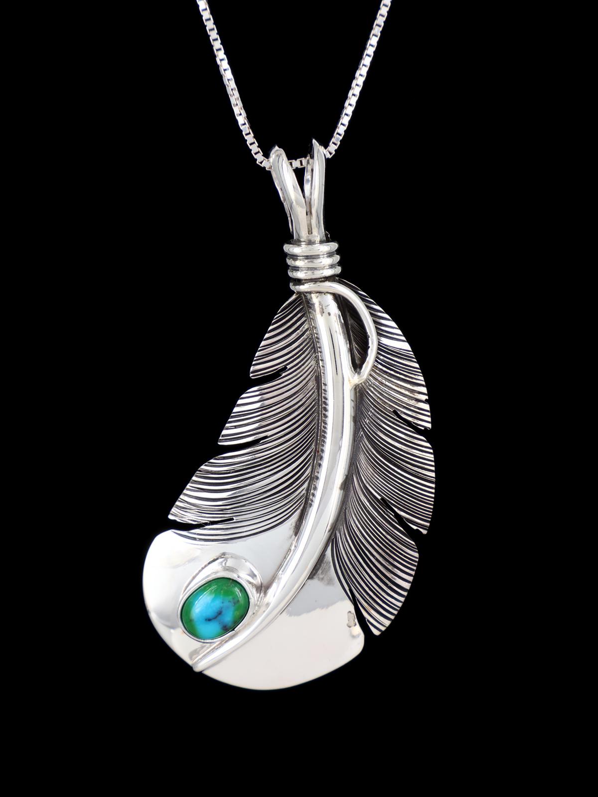 Native American Sterling Silver Turquoise Feather Pendant - PuebloDirect.com