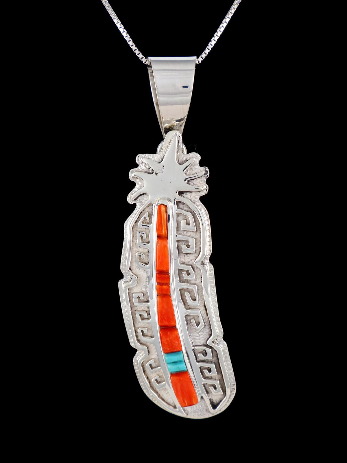 Navajo Inlay Spiny Oyster and Turquoise Sterling Silver Feather Pendant - PuebloDirect.com