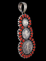 Large Navajo Red Coral and Coin Sterling Silver Cluster Pendant