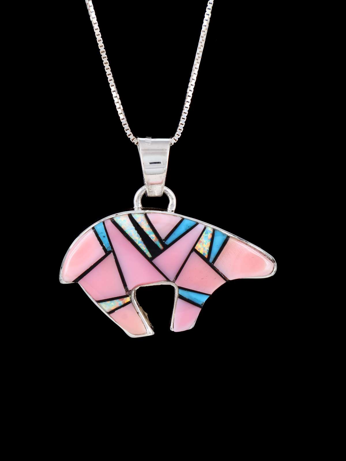 Navajo Sterling Silver Reversible Pink Conch Inlay Bear Pendant - PuebloDirect.com