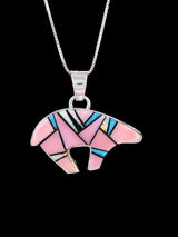 Navajo Sterling Silver Reversible Pink Conch Inlay Bear Pendant - PuebloDirect.com