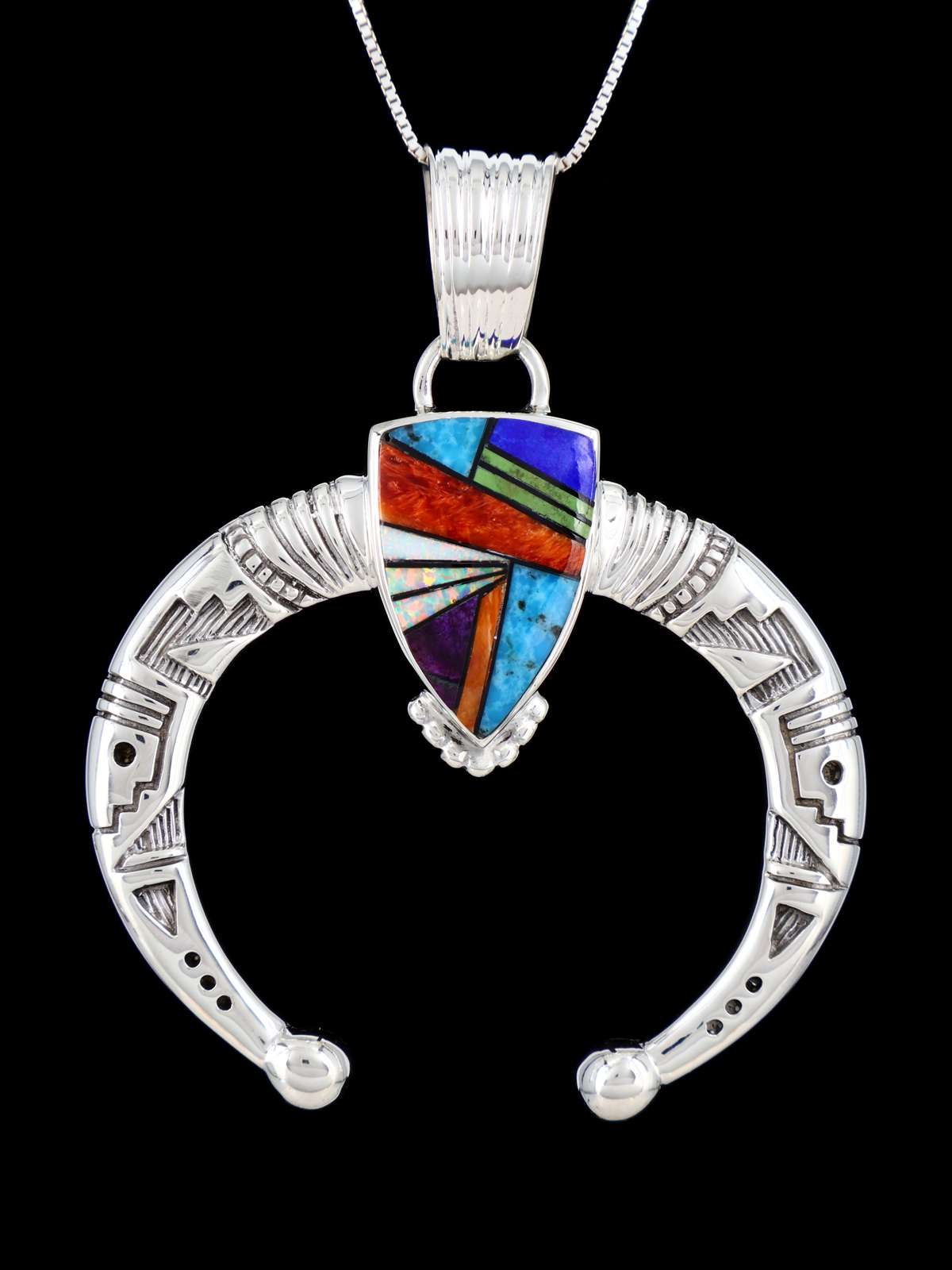Navajo Sterling Silver Multistone Inlay Naja Pendant - PuebloDirect.com