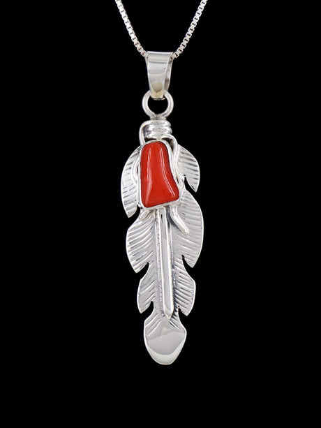 Navajo Crafted Sterling Silver Coral Feather Pendant - PuebloDirect.com