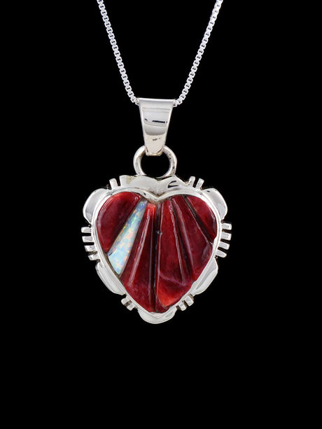 Navajo Cobblestone Spiny Oyster and Opalite Inlay Heart Pendant - PuebloDirect.com