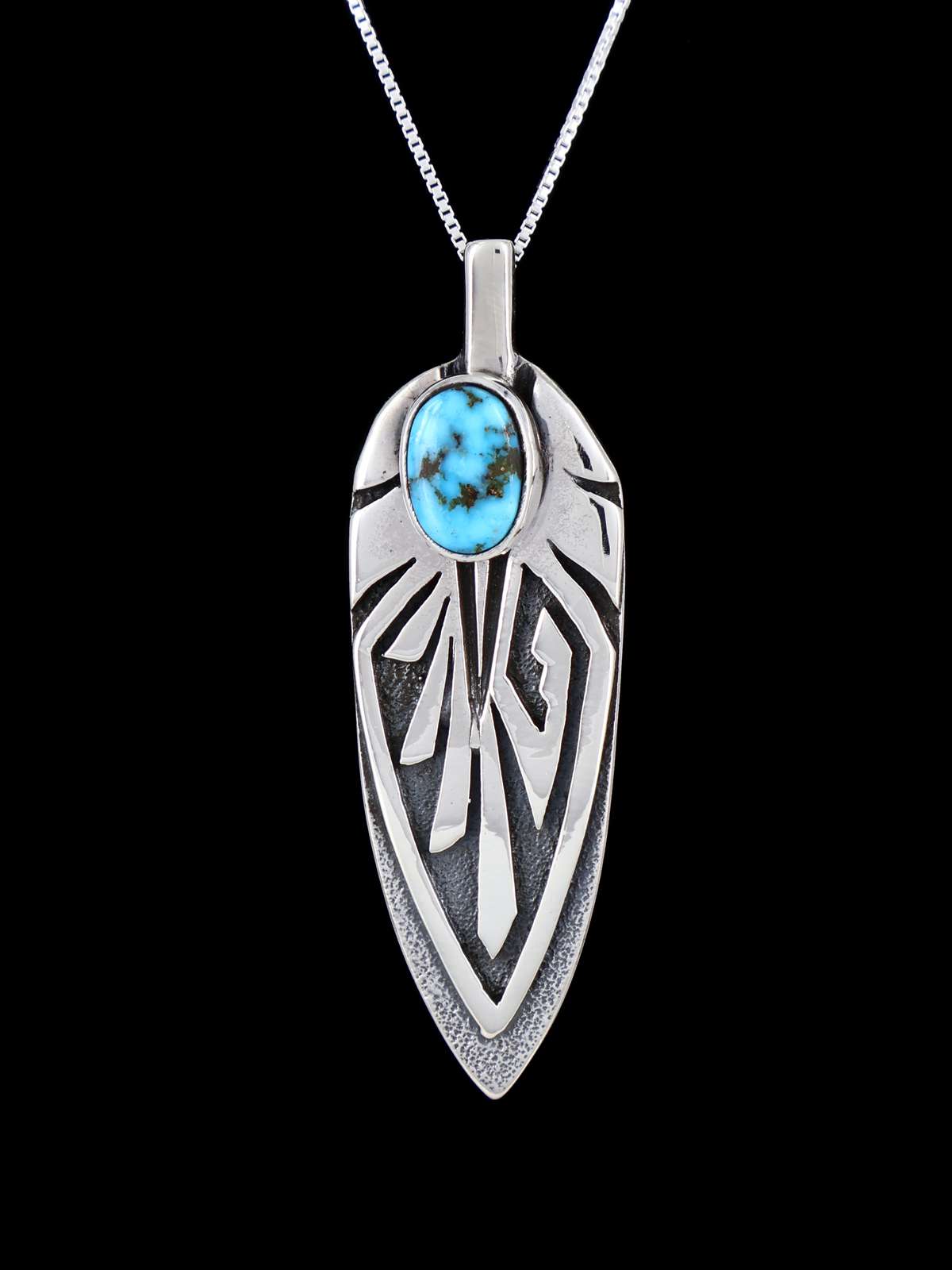 Navajo Sterling Silver Kingman Turquoise Feather Pendant - PuebloDirect.com