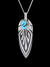 Navajo Sterling Silver Kingman Turquoise Feather Pendant - PuebloDirect.com