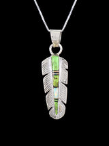 Native American Green Gaspeite Feather Inlay Pendant - PuebloDirect.com